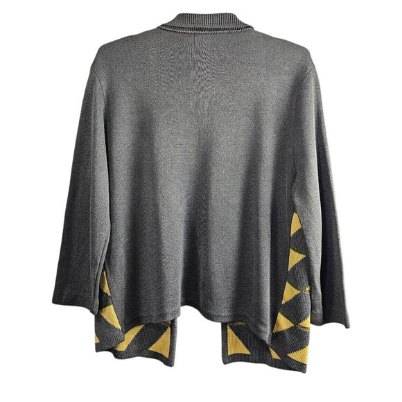 Vintage Retro Pattern Open Front Knit Gray And Yellow Metallic Cardigan Sweater - Picture 4 of 5